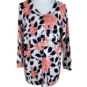 Talbots White Floral Pink Black Cardigan Sweater L Lightweight Cotton Blend